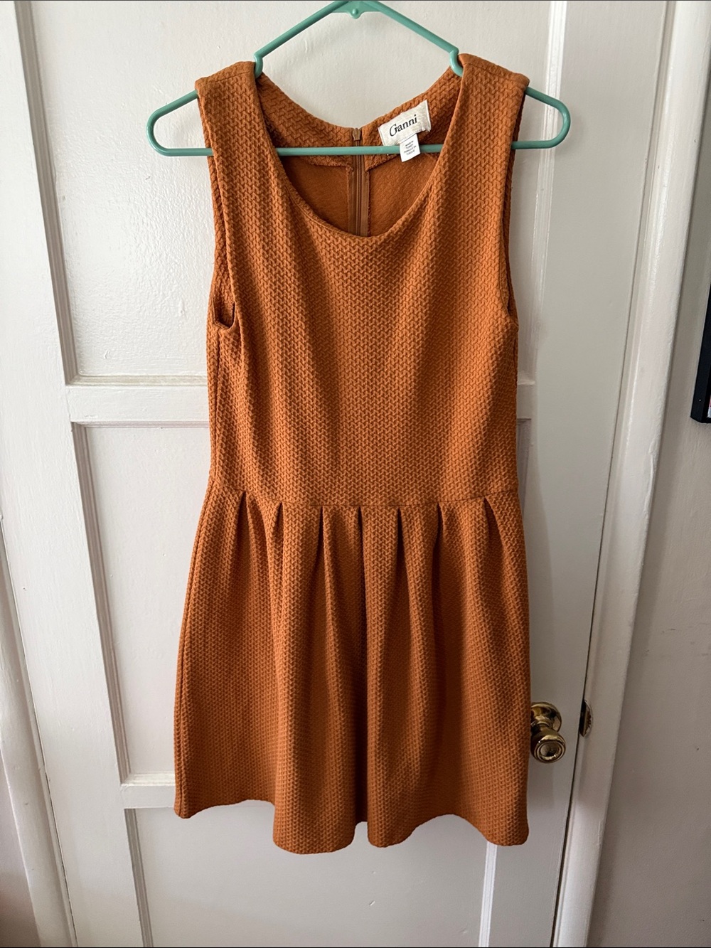 Ganni Textured Sleeveless Fit-and-Flare Dress in Rust
